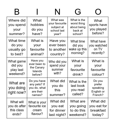 Ice Breaker Bingo - ESL A2/B1 Bingo Card