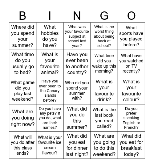 Ice Breaker Bingo - ESL A2/B1 Bingo Card