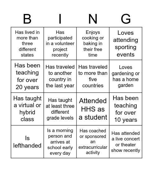 HHS Staff Bingo Card