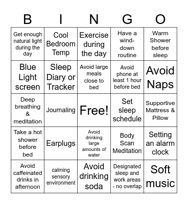 Sleep Hygiene Bingo Card