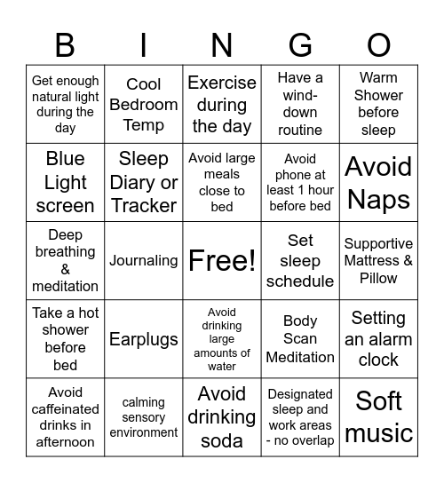 Sleep Hygiene Bingo Card