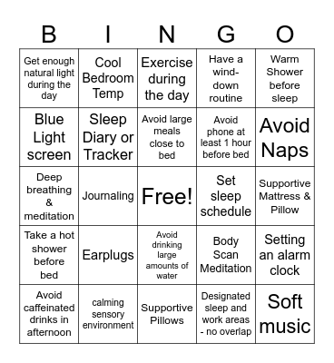 Sleep Hygiene Bingo Card