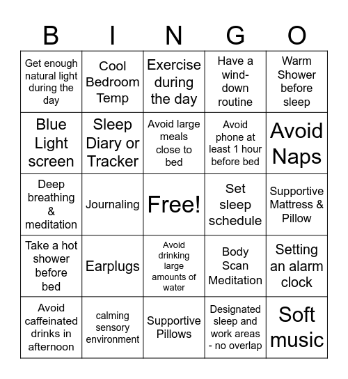 Sleep Hygiene Bingo Card