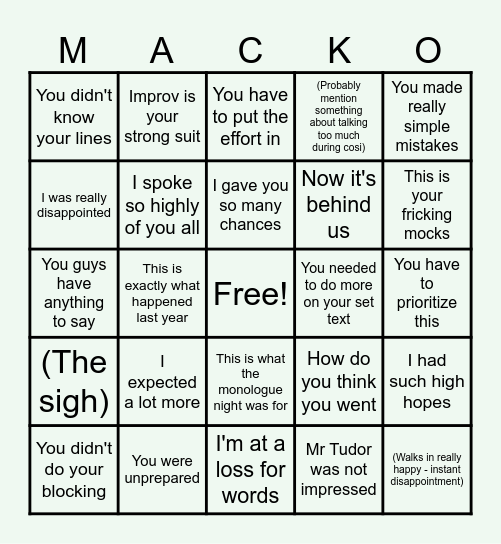 Mack Exam Outcome Bingo Card