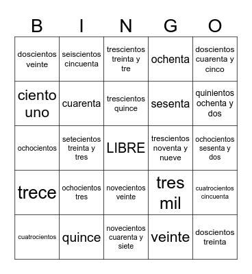 Numeros 1-1000 Bingo Card