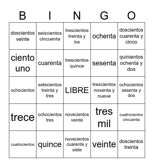 Numeros 1-1000 Bingo Card