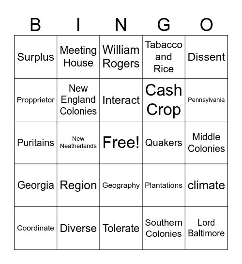 Unit 1 The 13 Colonies Bingo Card