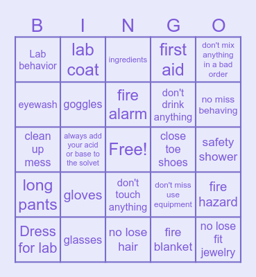 Lab Safety Bingo Card