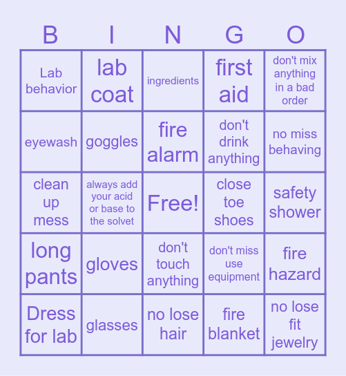 Lab Safety Bingo Card