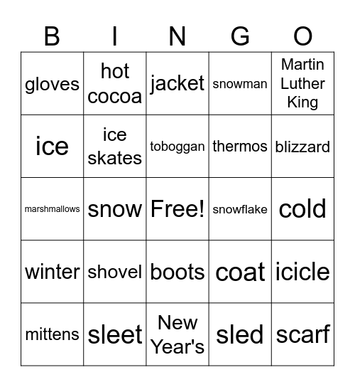 January Vocabulary Words Bingo Card