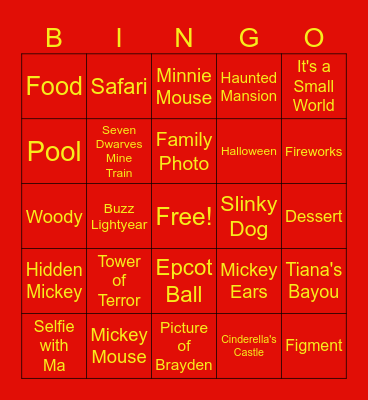 Disney World Bingo Card