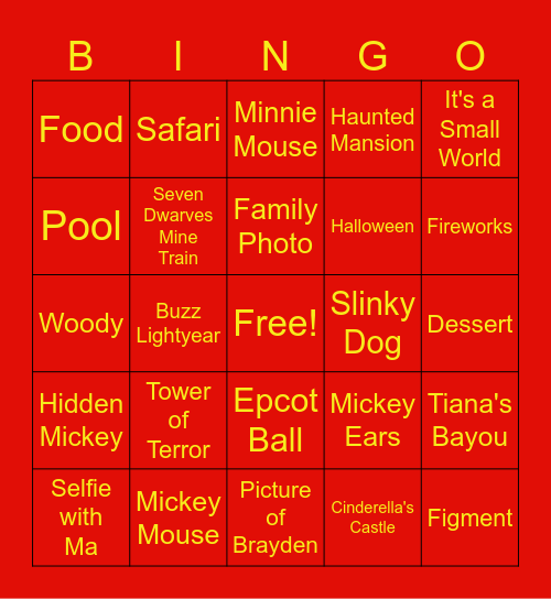 Disney World Bingo Card