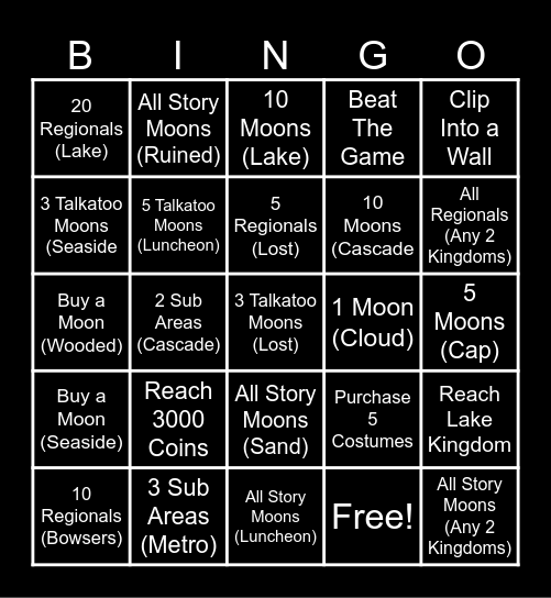 Super Mario Odyssey Challenges Bingo Card