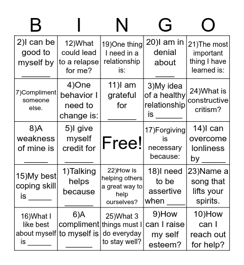 Mental Health Bingo Card