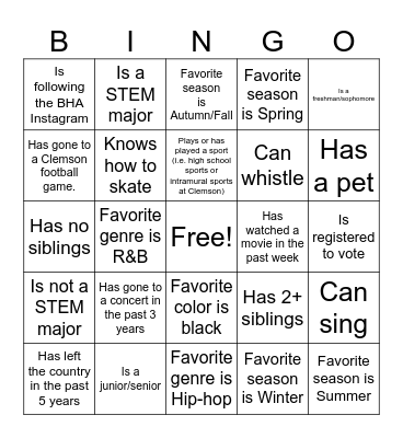 BHA Bingo Card