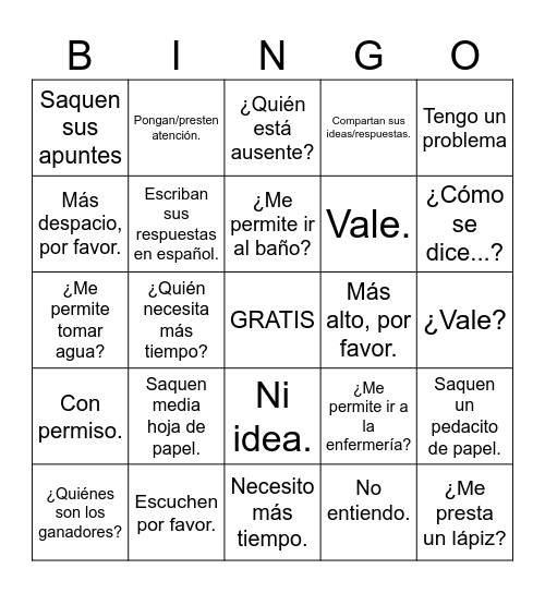 Frases Útiles¿ Bingo Card