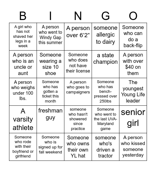 YL Club Bingo Card