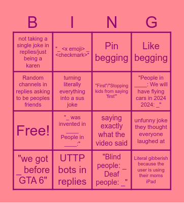 YT COMMENTS BINGO Card