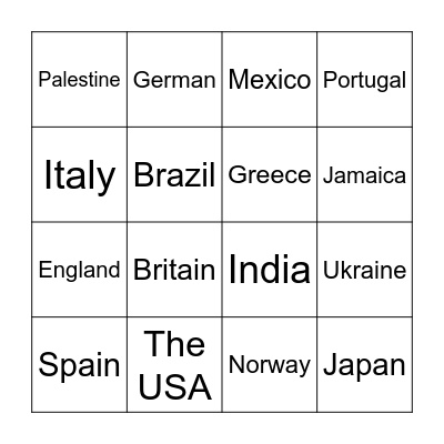 Countries Bingo Card