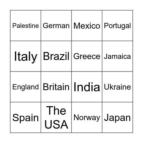 Countries Bingo Card