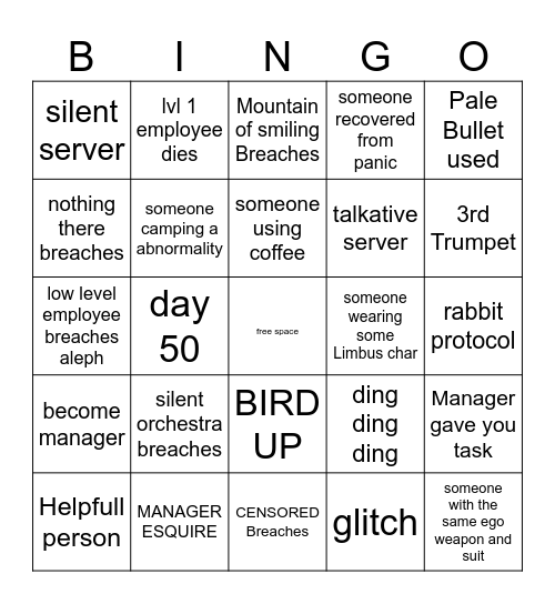 Robotomy Corporation bingo card (Roblox) Bingo Card