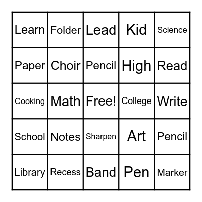 Back to School Bingo Card