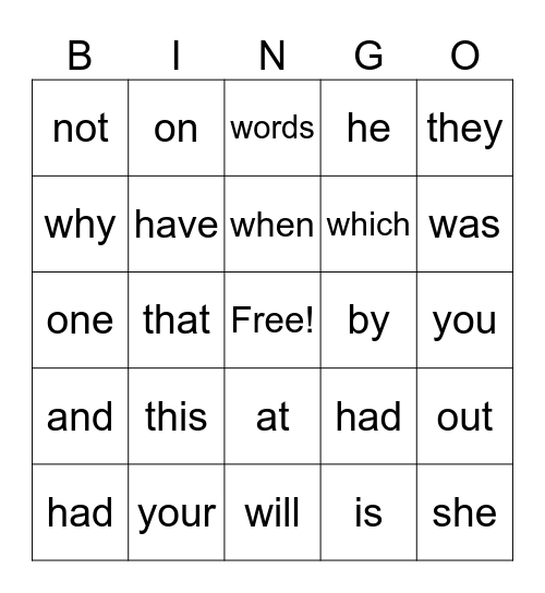 Sight Word Bingo Card