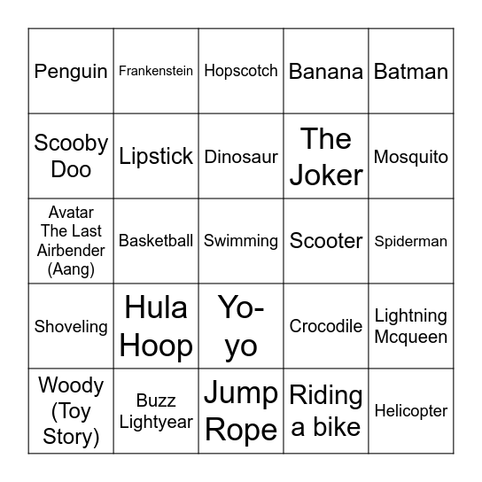 Charades Bingo Card