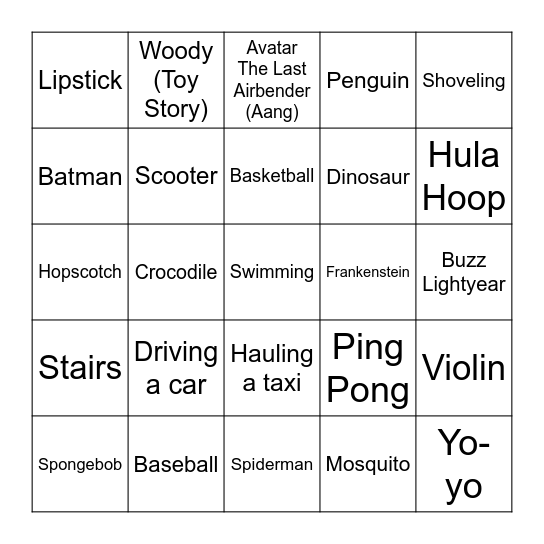 Charades Bingo Card