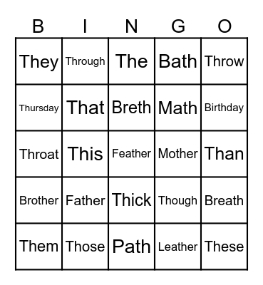 Hard -th- words Bingo Card