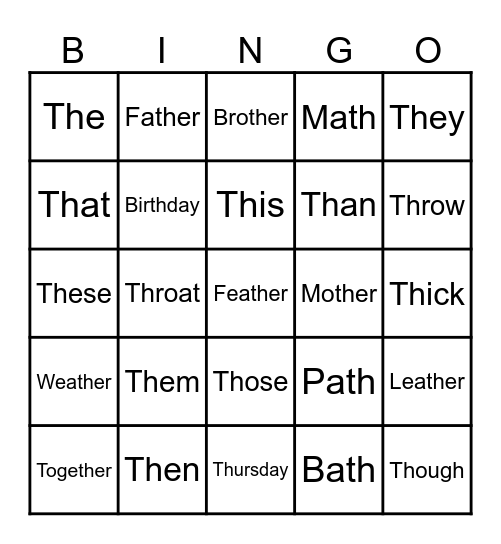 Hard -th- words Bingo Card