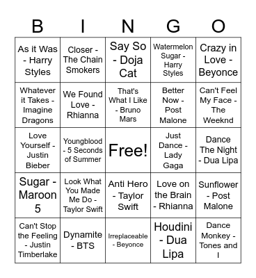 Pop Hits Bingo Card