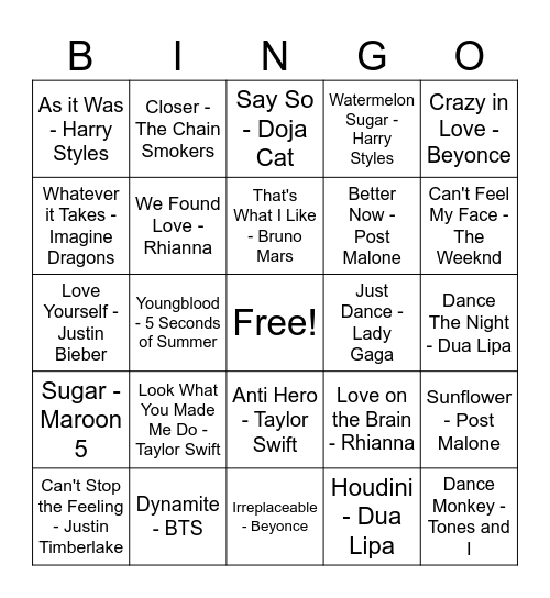 Pop Hits Bingo Card