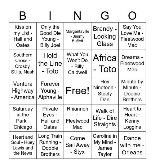 Yacht Rock Bingo Card