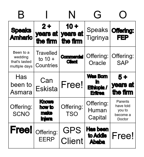 Deloitte Ethiopian and Eritrean Bingo Card