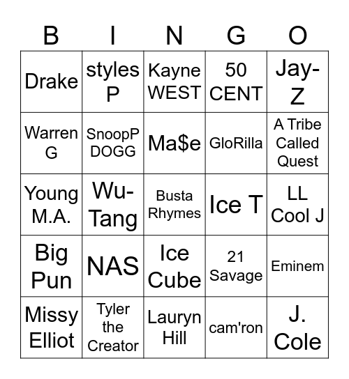 RAP LEGENDS Bingo Card