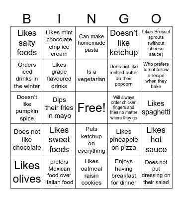 Food bingo! Find someone who... Bingo Card