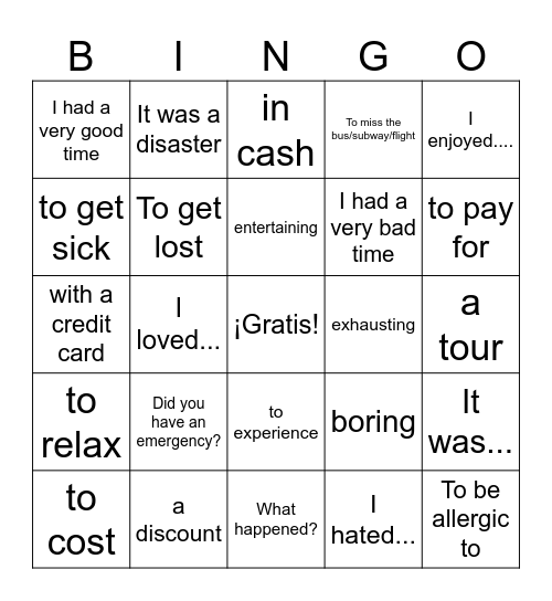 Vocabulario 1.3 Bingo Card