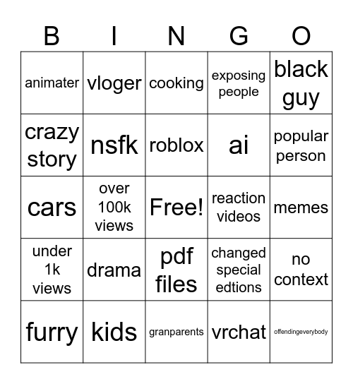 youtube videos Bingo Card