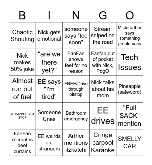 ROADTRIP to Twitchcon! BINGO CARD (Day 1) Bingo Card