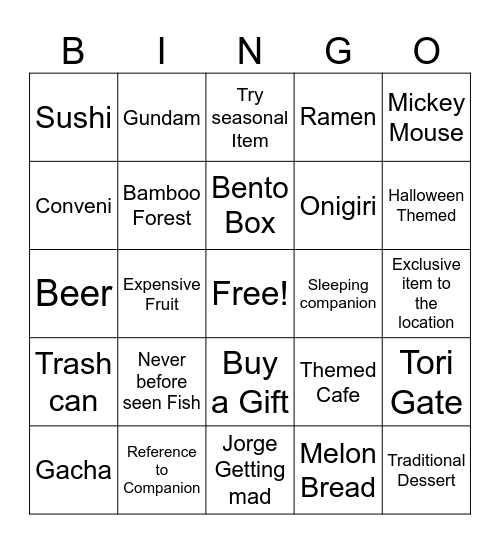 Japan Photo Bingo Card