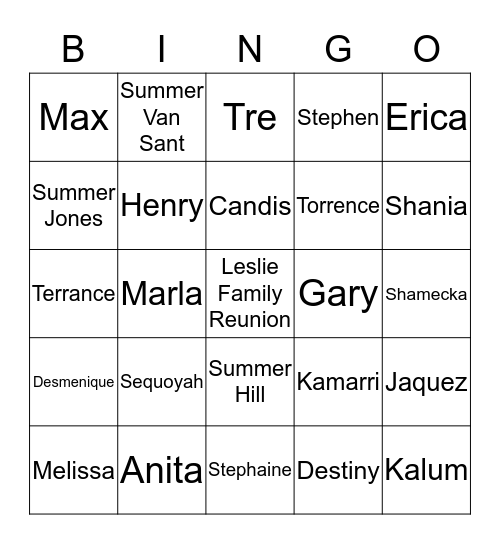 Leslie Family Reunion Bingo Card