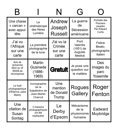 Les premiers usages de la photographie Bingo Card