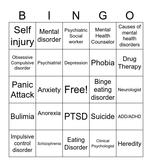 Mental Disorder Bingo Card