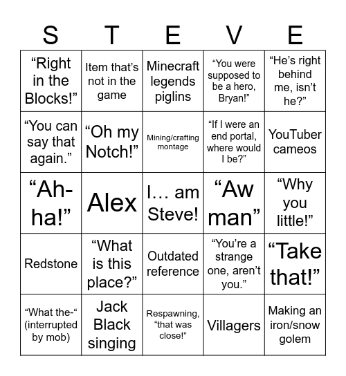 Minecraft Movie Bingo Card