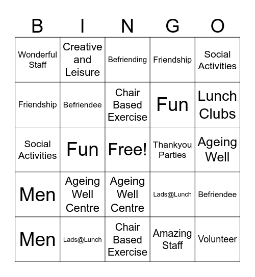 Ageing Well Bingo Card