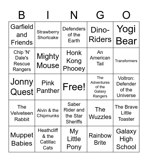 80's Cartoons Bingo Card