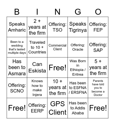 Deloitte Ethiopian and Eritrean Bingo Card