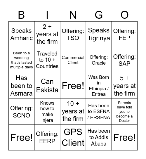 Deloitte Ethiopian and Eritrean Bingo Card