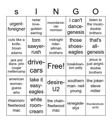 classic rock Bingo Card